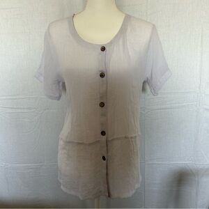 Button Down Top Short Sleeve Shirt Blouse Casual Cotton Silk Blend‎